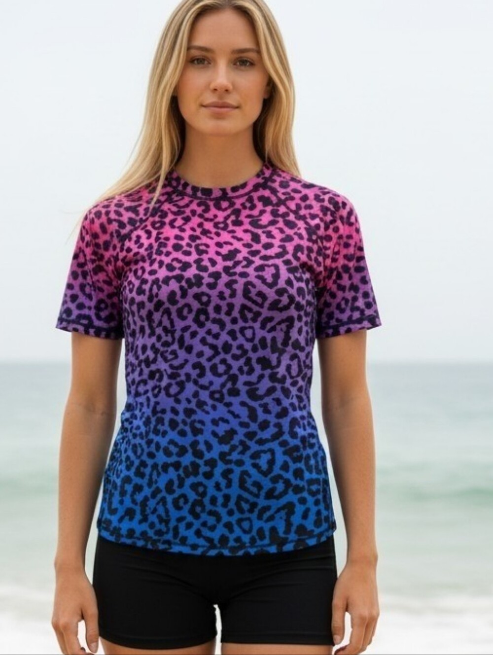 NWT HALCURT (XL) Pink & Black Leopard Swim Rashguard Bra Attached Top